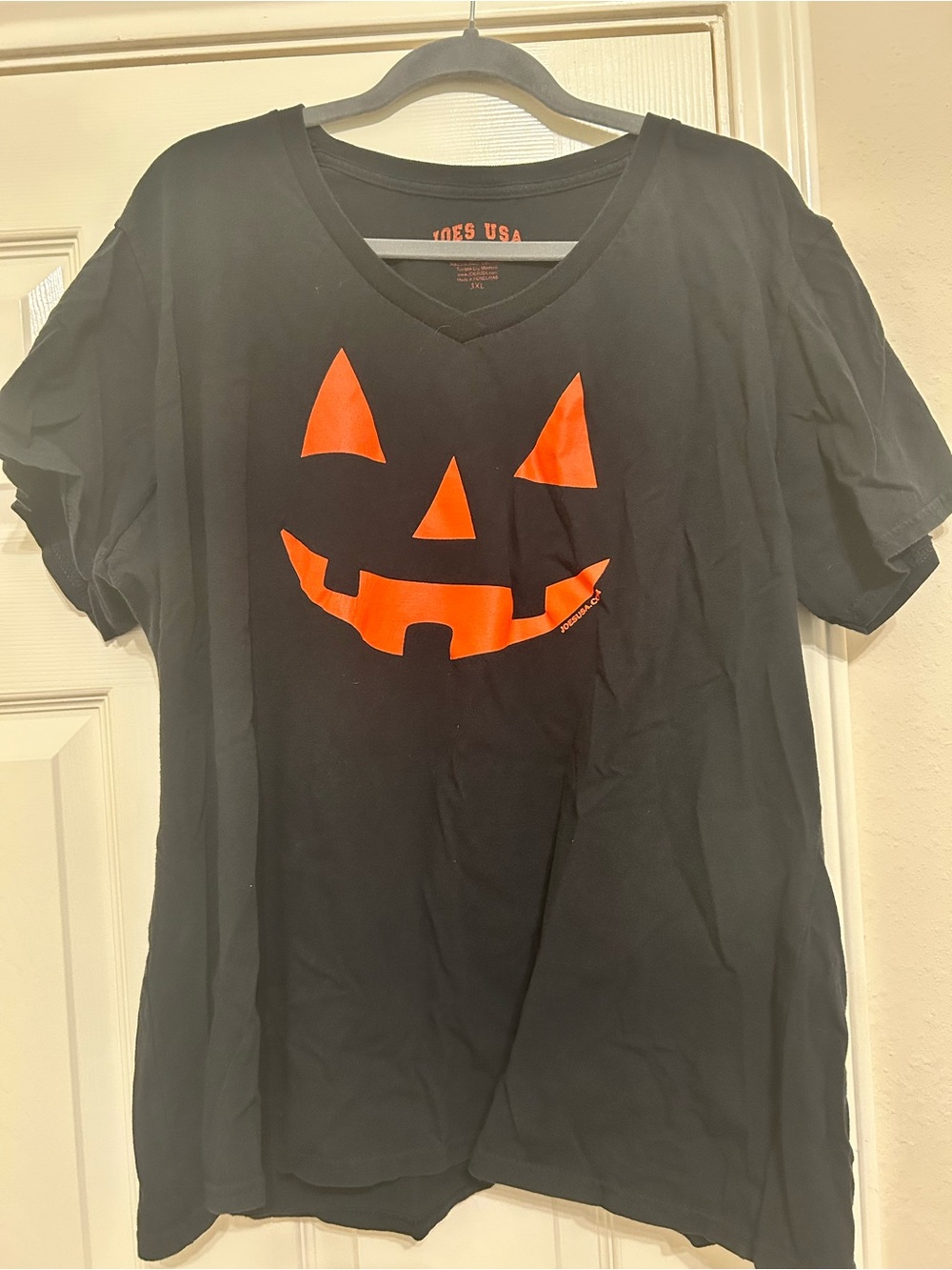 Joe's Black V-Neck Tee with Orange Pumpkin Face